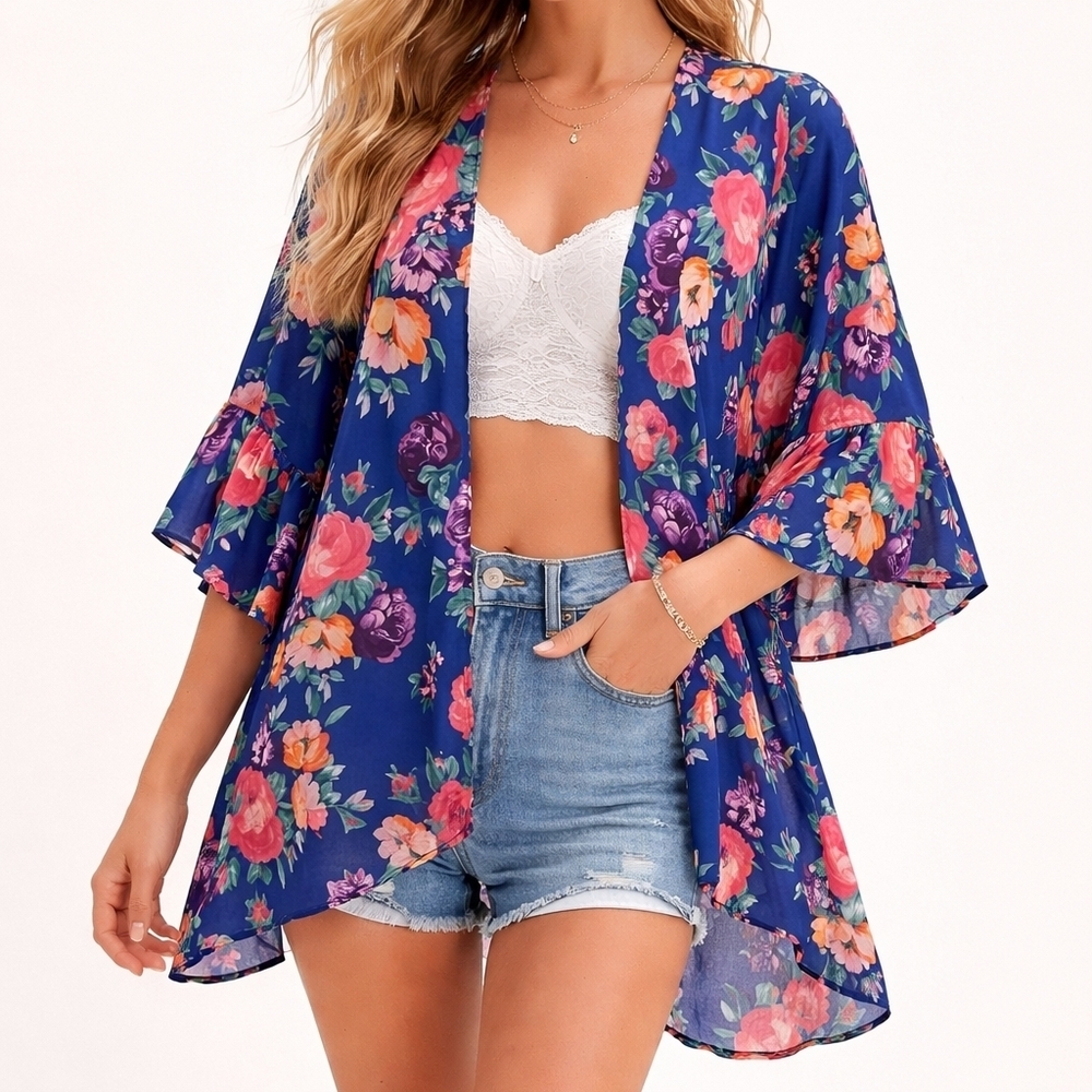 VTG Romantic Blue Floral Chiffon Bell Sleeve Cover-up Fairycore Kimono